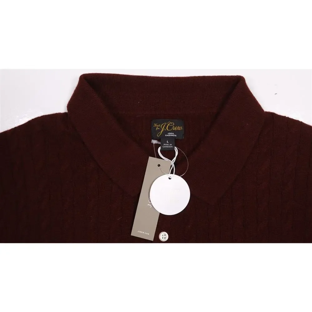 J Crew Mens Burgundy Short Sleeve 100% Cashmere Cable Knit Polo Sweater Large